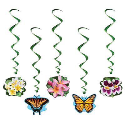 Green metallic whirls with garden flowers and butterfly icons attached.