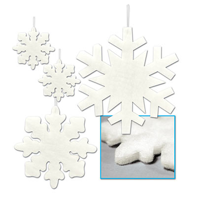 These white Fluffy Snowflakes multiple sizes to hang from a ceiling for a winter themed party or New Year’s.