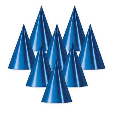 Blue colored foil cone hats. 