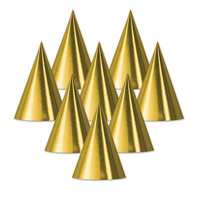 Gold colored foil cone hats. 