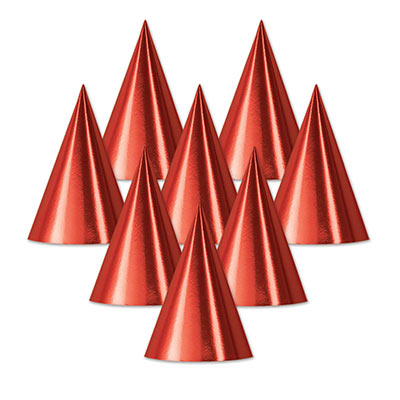 Red colored foil cone hats. 