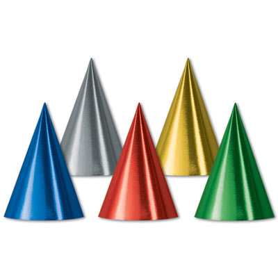 Assorted colored foil cone hats. 