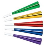 Assorted colored foil party horns with white plastic mouth pieces.