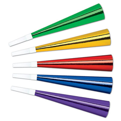 Assorted colored foil party horns with white plastic mouth pieces.