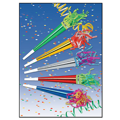 Assorted colored party horns with tasseled ends and a white plastic mouth piece. 