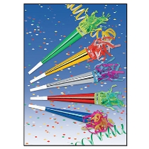 Assorted colored party horns with tasseled ends and a white plastic mouth piece. 