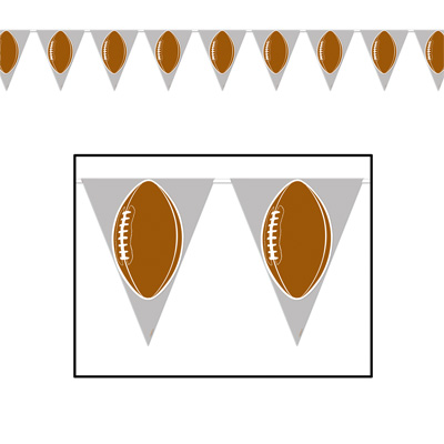 Football Pennant Banners has a gray background with a football printed on each pennant.