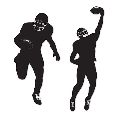 Football silhouettes of a player running with the football and another catching the football.