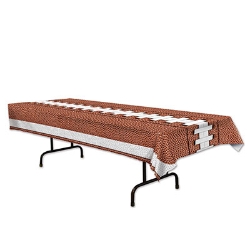 Table cover printed to replicate the look of a football.