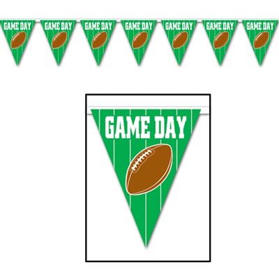 Banner made of pennants printed with "Game Day" in white with a field line background and football.