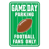 Green Game Day Parking Sign with a football and White Lettering