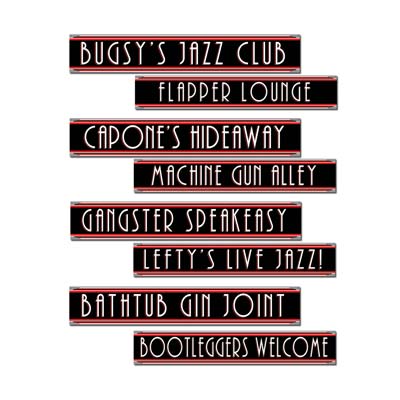 Gangster Street Sign Cutouts has a solid background with saying such as "Machine Gun Alley", "Flapper Lounge" and more.