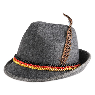 Grey German Alpine Hat with feather and Black, red and gold band 