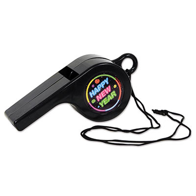 Giant Black Whistle that says Happy New year in neon colors