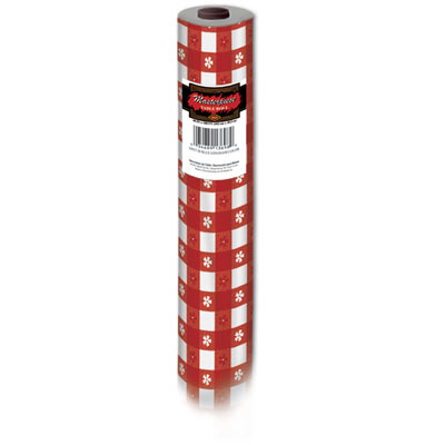 Gingham plastic table cover checkered in red and white.