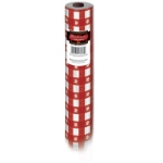 Gingham plastic table cover checkered in red and white.