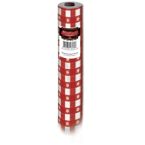 Gingham plastic table cover checkered in red and white.