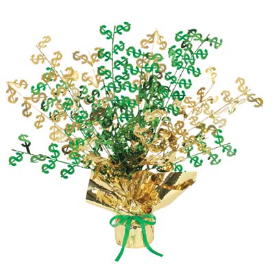 Metallic centerpiece with is bursting with green and gold dollar signs and gold weighted bottom.