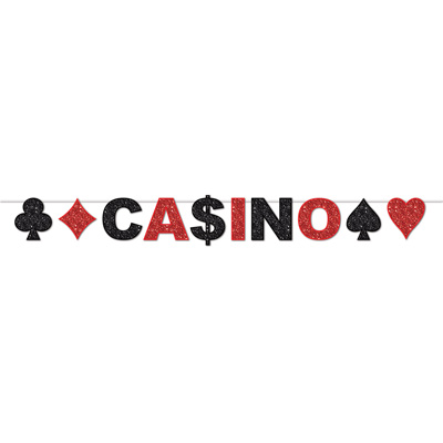 Streamer that reads "Casino" with a spade, diamond, club, and heart.
