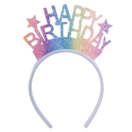 Glittered Happy Birthday Headband (Pack of 12) happy birthday headband, glitter birthday headband, rainbow glitter party accessory, birthday party favors, snap-on headband, birthday photo props, Party Express headbands