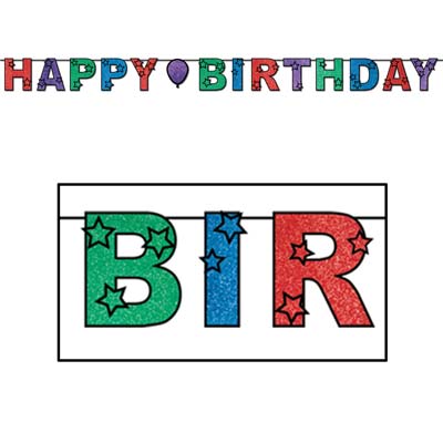 Streamer that says "Happy Birthday" and is printed with encapsulated glitter.