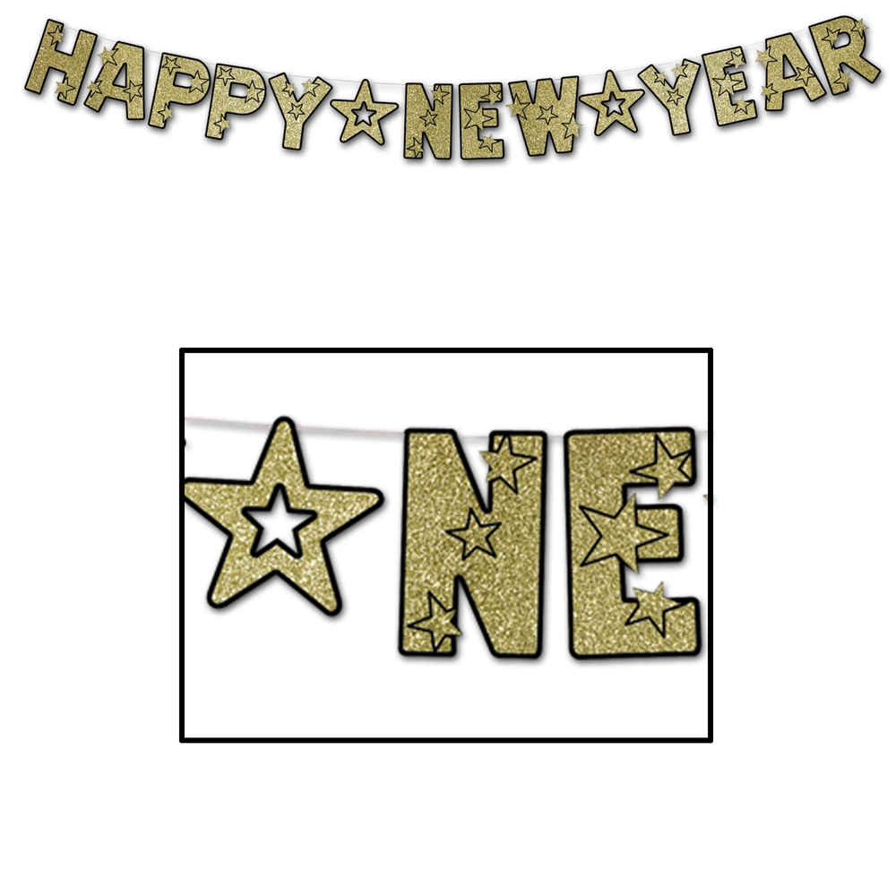 Black Happy New Year streamer with gold glittered lettering.