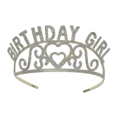 Glittered Metal Happy Birthday Tiara with Hearts and Fancy Designs