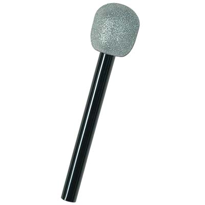 Microphone decoration with plush silver top and black plastic handle.