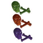 Glittered Plastic Skull & Bones (Pack of 12) Easily mixe the idea of festive and fright together with some shimmering slimmering skull and bones. with the piercing crystal eyes and smirking haunted smile these plastic skulls are sure to send chils up spines, perfect for placing on top of tables as a centerpiece to welcome in guest hopefullt they are not faint at heart
