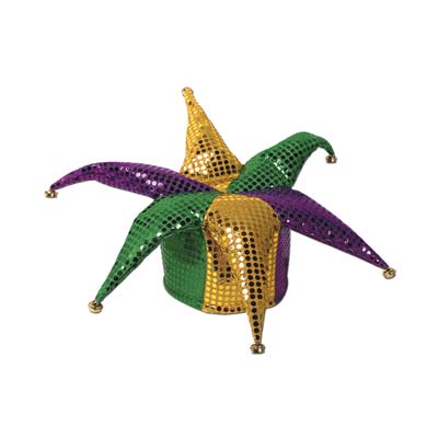 Sequined plushed jester hat with colors of gold, green and purple.