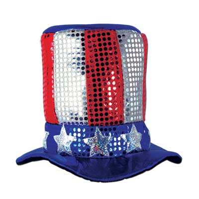 Sequined plush top hat with red and silver stripes and blue band with gold stars.