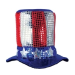 Sequined plush top hat with red and silver stripes and blue band with gold stars.