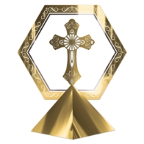 Gold 3-D Foil Religious Centerpiece (Pack of 12) religious centerpiece, gold foil centerpiece, 3-D religious décor, silver foil mounted cardboard, printed two-sided centerpiece, church event decorations, baptism décor, First Communion decorations