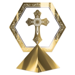Gold 3-D Foil Religious Centerpiece (Pack of 12) religious centerpiece, gold foil centerpiece, 3-D religious décor, silver foil mounted cardboard, printed two-sided centerpiece, church event decorations, baptism décor, First Communion decorations