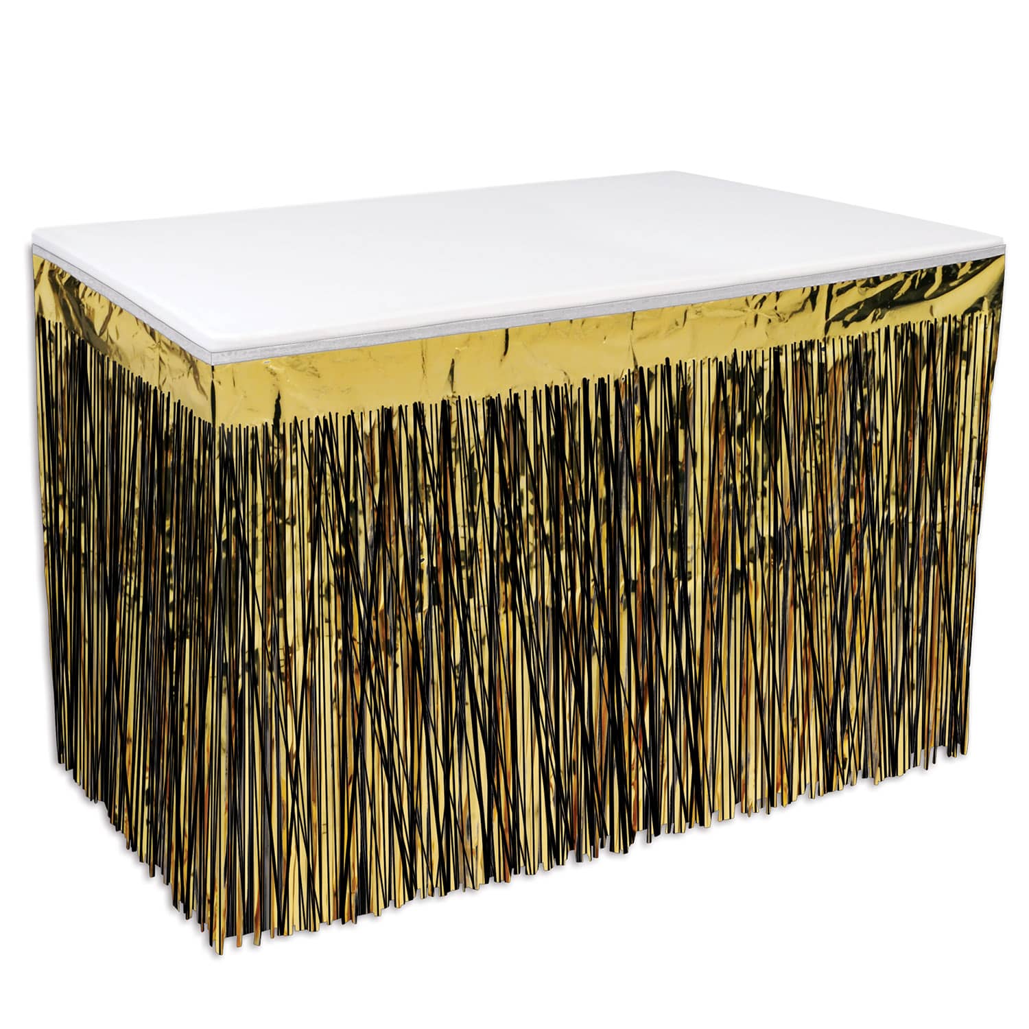 Gold/Black 2-Ply Metallic Table Skirting (Pack of 6) gold black table skirting, metallic table skirt, 30 x 14 table skirting, black and gold party décor, 1 ply metallic skirt, event table decorations, Party Express table skirting