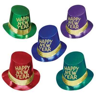 Assorted color printed card stock top hat with gold band and "Happy New Year".