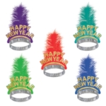 Colorful happy new year gold coast tiaras with matching plumed feathers. 