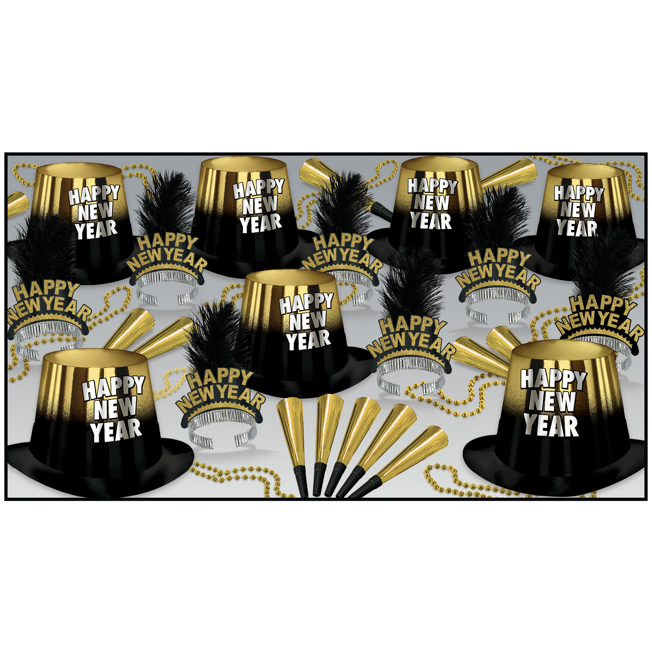 black and gold nye party kit with party hats, happy new year tiaras, horns, noisemakers and beads