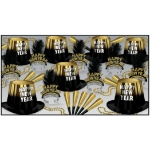 black and gold nye party kit with party hats, happy new year tiaras, horns, noisemakers and beads