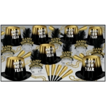 black and gold nye party kit with party hats, happy new year tiaras, horns, noisemakers and beads