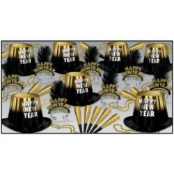 black and gold nye party kit with party hats, happy new year tiaras, horns, noisemakers and beads