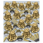 an assortment of black and gold nye party hats, tiaras, and horns