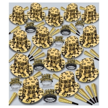 an assortment of black and gold nye party hats, tiaras, and horns