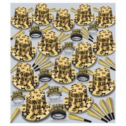 an assortment of black and gold nye party hats, tiaras, and horns