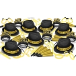 Gold Glow New Years Eve Party Kit for 50 Gold Glow New Years Eve Party Kit, New Year's Eve, party kit, party favors, hat, tiara, fun signs, horns, glow glasses, glow bracelets, glow necklaces wholesale, inexpensive, bulk