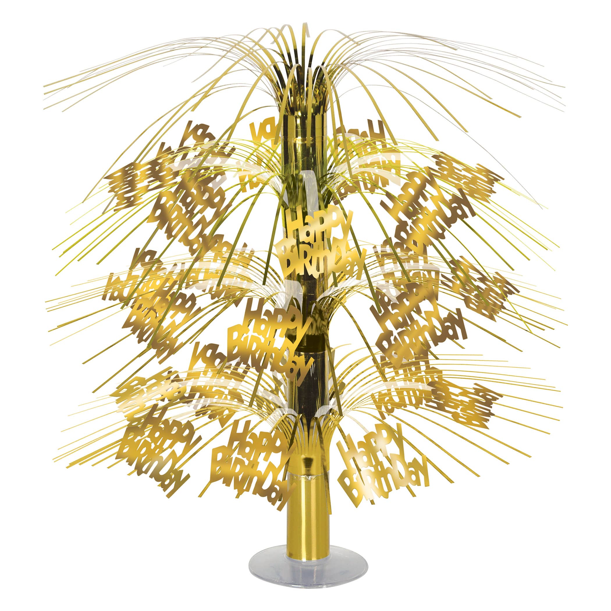 Gold Happy Birthday Cascade Centerpiece (Pack of 6) gold happy birthday centerpiece, 18 inch birthday centerpiece, metallic birthday table décor, gold cascade centerpiece, happy birthday table decoration, birthday party supplies, gold fringe centerpiece