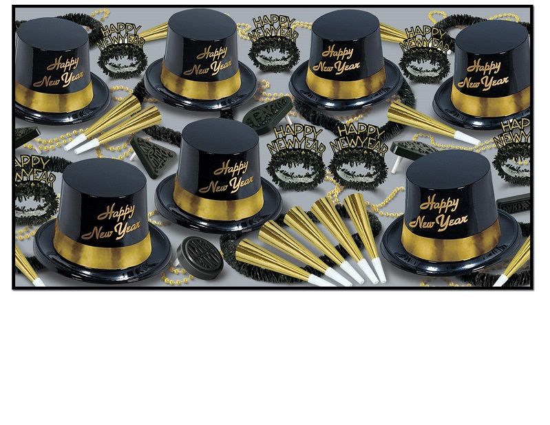 Gold Legacy - New Years Party Kit for 25  Gold Legacy Assortment, gold and black, party favors, new year's eve, hat, tiara, horn, beads, noisemakers, leis, wholesale, inexpensive, bulk