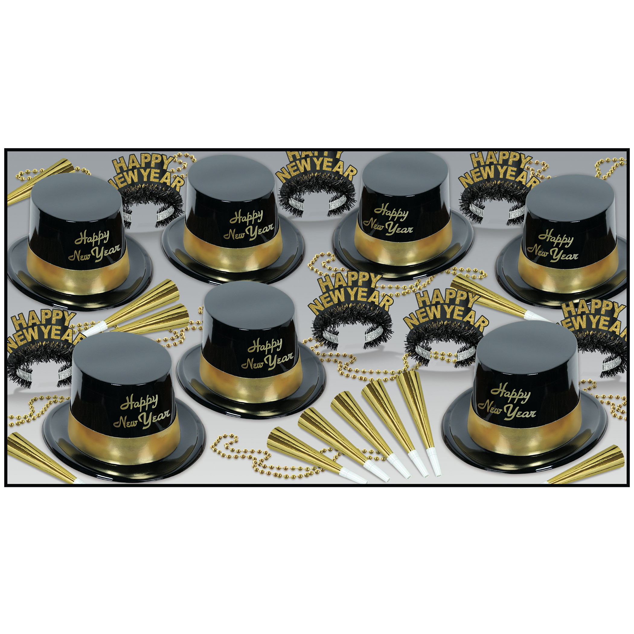 New years eve party kits with gold happy new year printed on the hats