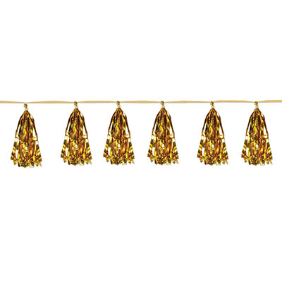 Streamer with attached gold metallic tassels.