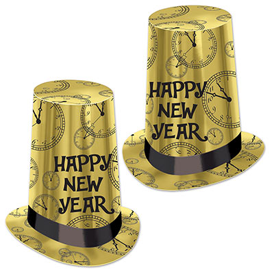 Gold super high hats with printed black clocks and "Happy New Year".